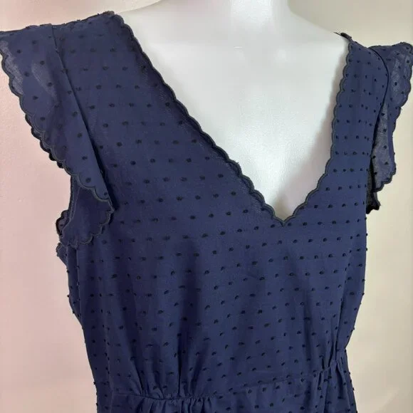 J. Crew Top 12 Navy Blue Swiss Dot Peplum Flutter Sleeve Scalloped V-Neck Blouse - Picture 2 of 11
